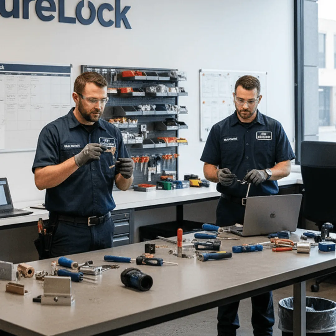 Two Columbia Mobile Locksmith technicians preparing locks at the workshop bench