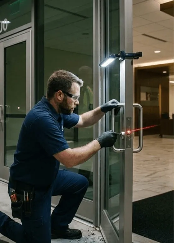 Locksmith fitting a lock on a glass office door in Columbia