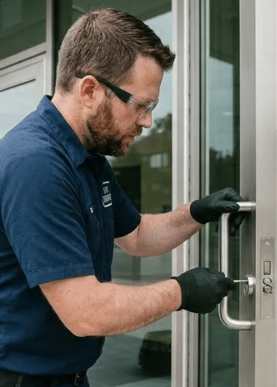 Technician servicing a commercial door handle near Lexington