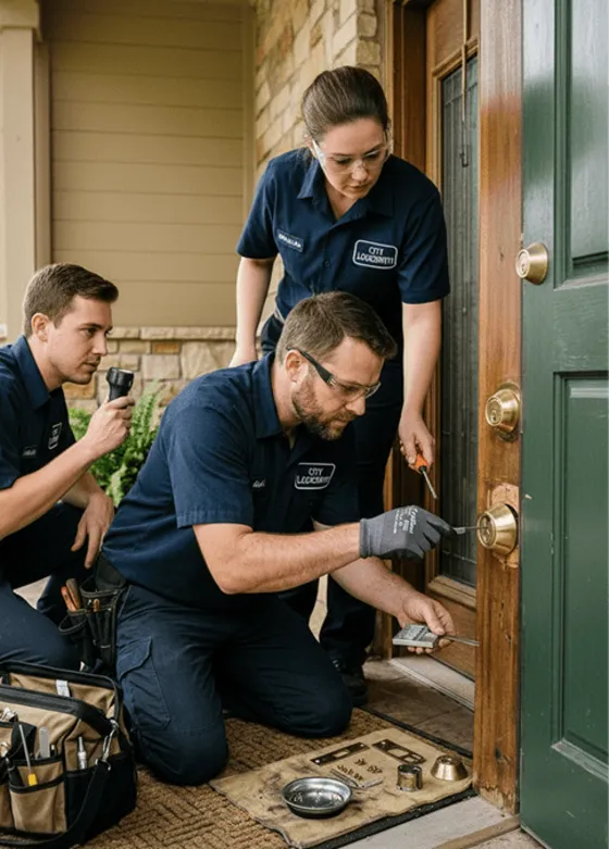 Columbia Mobile Locksmith technician replacing the lock on a home's front door